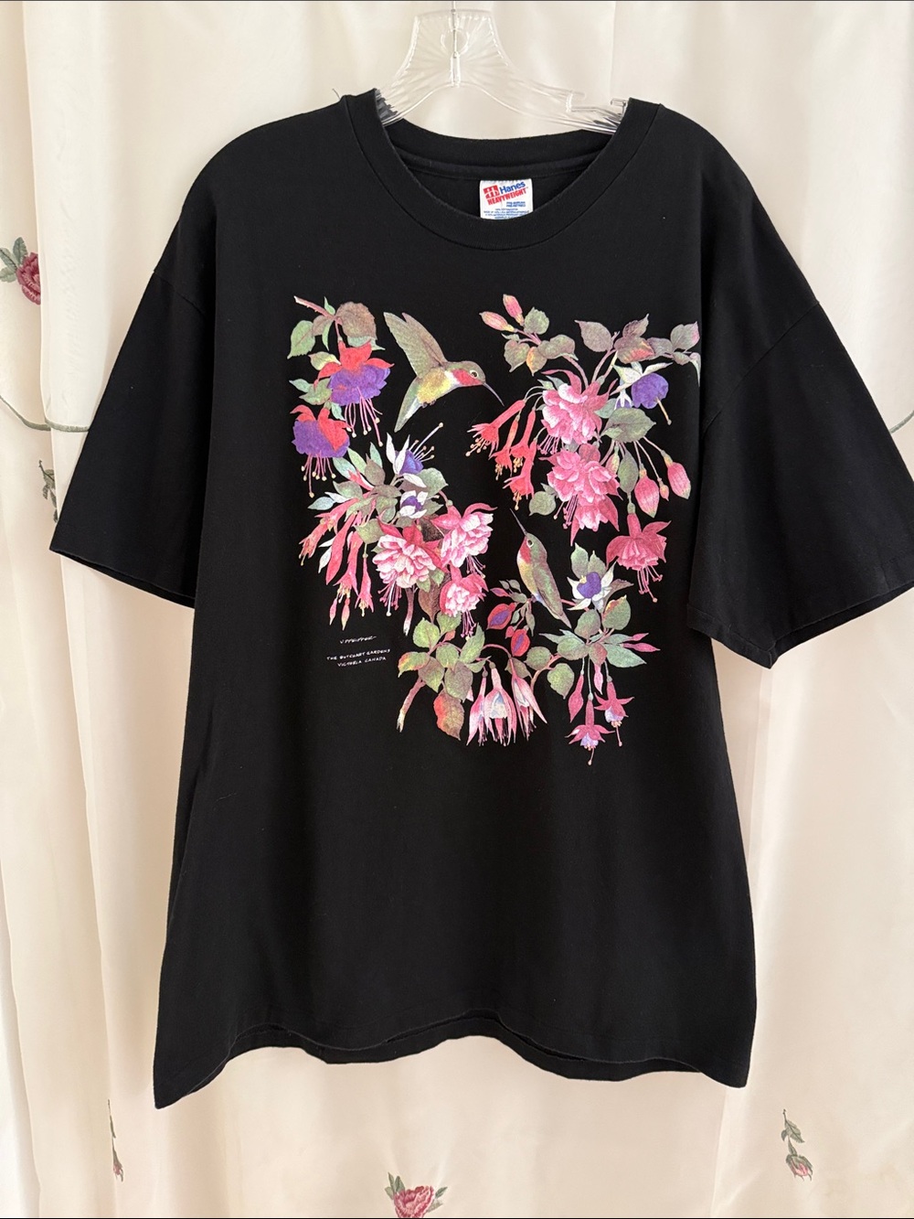 Vintage Hand-Painted Black Floral & Hummingbird Graphic Tee
